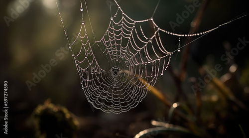 Intricate Spiderweb Glistening in Sunlight with Dew Drops
