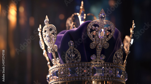 3D style render of a royal gold coronation crown with jewels and diamonds against a blue & purple background. A.I. generated. photo