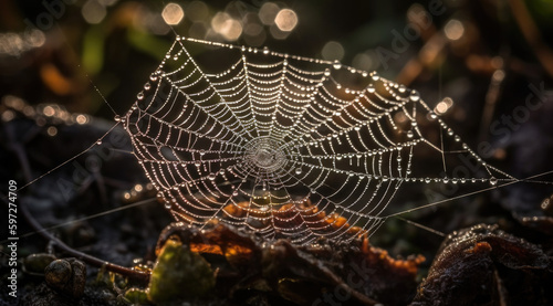 An intricate spiderweb glistens in the sunlight, with drops of dew.
