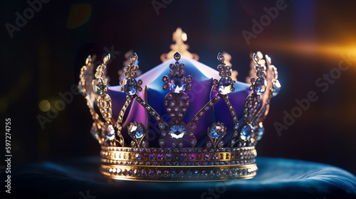 3D style render of a royal gold coronation crown with jewels and diamonds against a blue & purple background. A.I. generated. photo