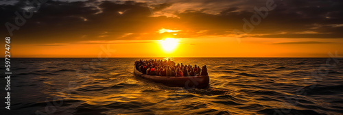 A boat overloaded with despairing migrants seeking a better life, contrasted with the stunning sunset. A powerful image of human struggle and natural beauty. Generative AI photo