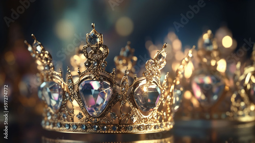 3D style render of a royal gold coronation crown with jewels and diamonds against a blue & purple background. A.I. generated.
