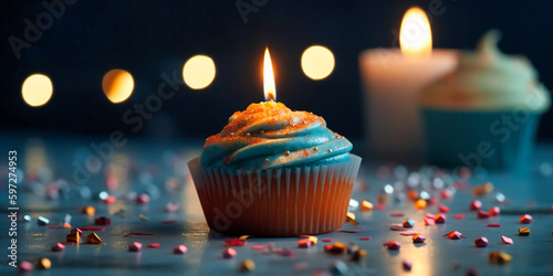 a cupcake with candles on a blue table with confetti