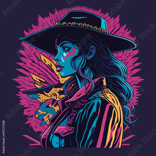 Vector art for a western inspired cowgirl t shirt design is a composition of various elements old West. Artwork design, illustration for t shirt design, printing, poster, wild west style.