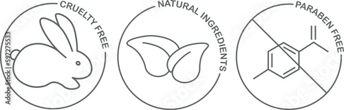 A set of editable thin line icons for cosmetics, cruelty free, natural ingredients, paraben free.