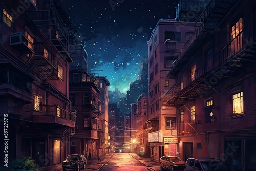 Urban Lights Illuminate An Old City At Night: A Night Scene Painting: Generative AI