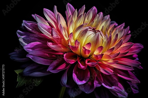 Vibrant Contrast: A Closeup of a Brightly Coloured Blossom Against a Dark Background. Generative AI