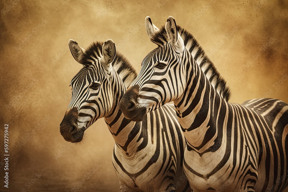 Fototapeta premium Wild Zebra Herd Standing in African Savanna: Exquisite Natural Texture of Mane and Stripes: Generative AI