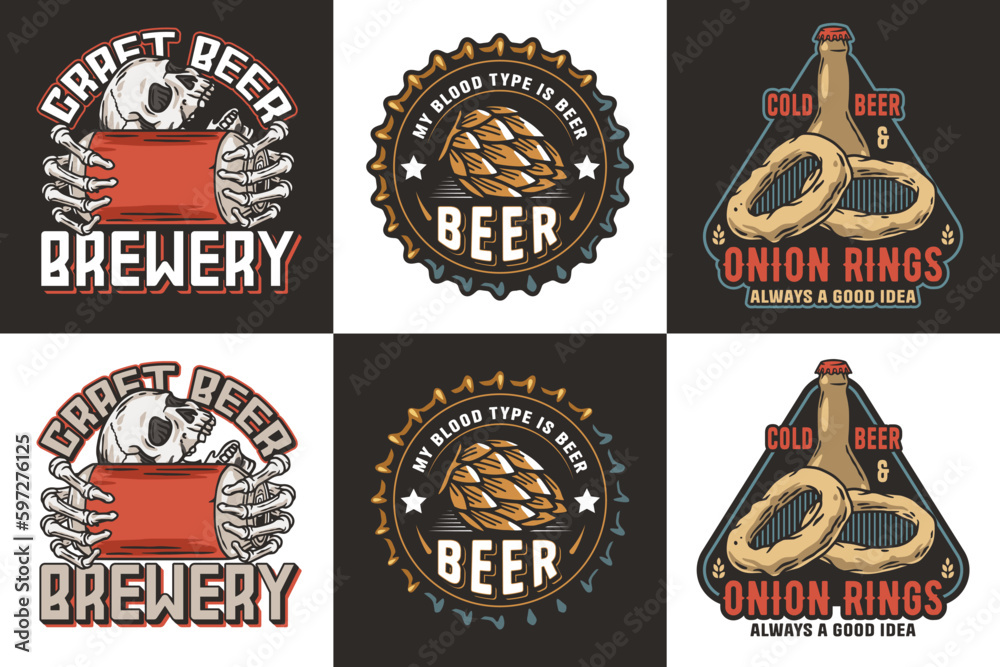 Beer set of emblems with skull and hop, cap. Skeleton with beer can in bone hands, beer bottle and onion ring for brewery or bar. Craft beer vector logo for pub and store