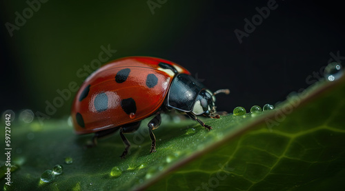 A red ladybug at rest on a green background.