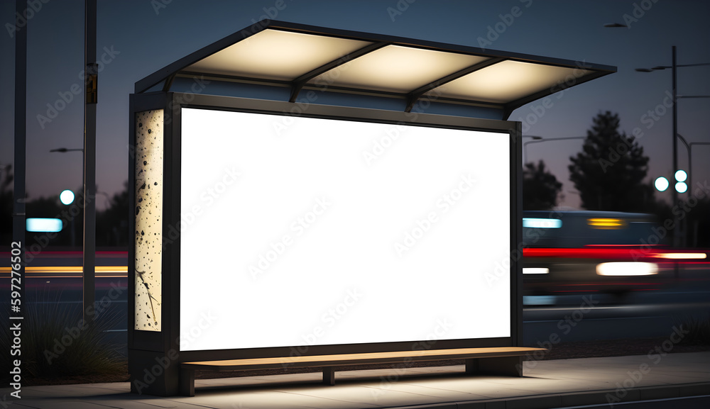 Empty billboard mockup at footpath or at roadside in city, side view blank billboard in city, Outdoor Advertising space in light box at bus stop in night, generative ai, empty signage mockup	
