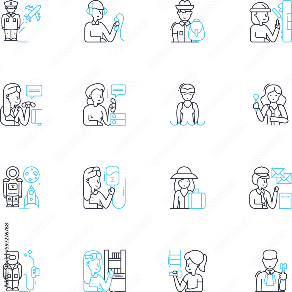 Skillful professions linear icons set. Expert, Artisan, Skilled, Masterful, Adept, Proficient, Craftsperson line vector and concept signs. Experienced,Talented,Accomplished outline Generative AI