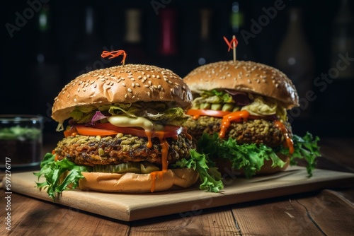 Close-up of two veggie burgers made of lentils and veggies on a wooden table at a street cafe. Delicious and tasty. Generative AI