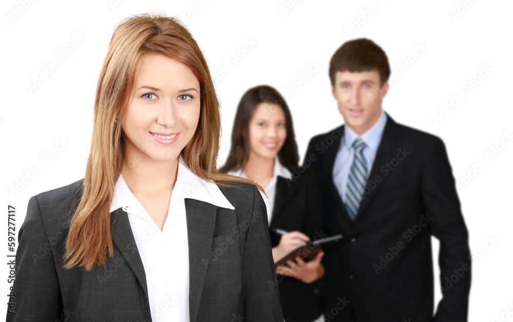 Friendly Businesswoman and Talking Collaborators in Background - Isolated