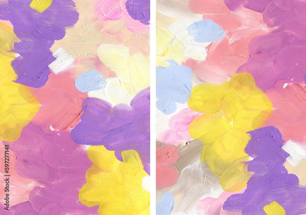 Acrylic abstract background of white, pink, yellow, ultraviolet and blue textures. Hand painted pastel illustration isolated on white background. For design, print, fabric or background.