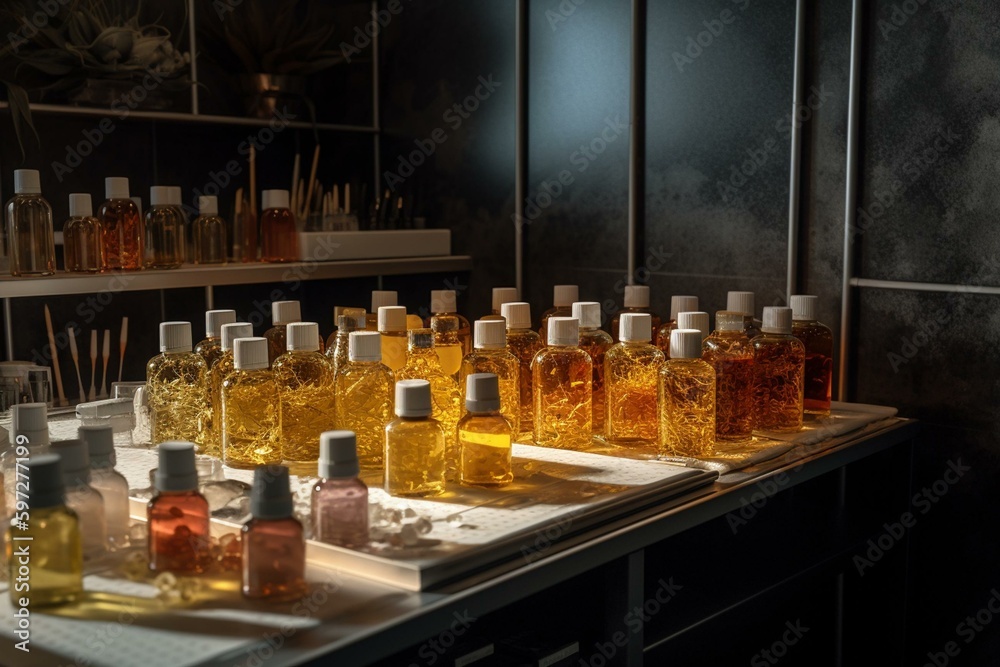 Cosmetics research lab with transparent tubes of natural oils and ...