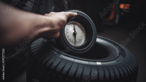 Mechanic checking tire tread depth and wear using a tire gauge, car maintenance concept, generative ai