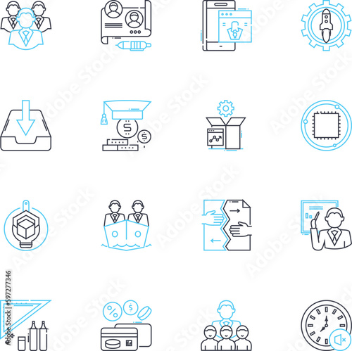 Professional workspace design linear icons set. Ergonomics, Collaboration, Efficiency, Comfort, Technology, Sustainability, Creativity line vector and concept signs. Generative AI