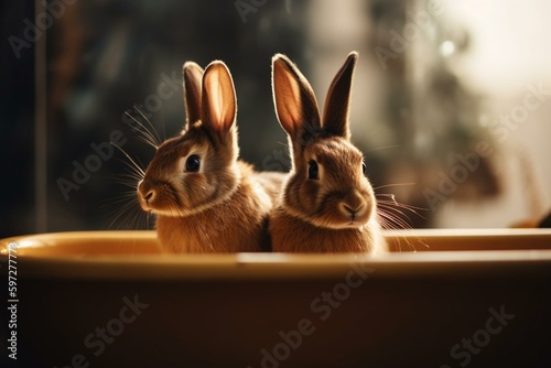 Two adorable young brown rabbits in the tub  with blurry light yellow backdrop. Generative AI