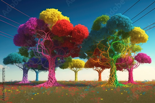 Towering synthetic trees made of colorful electric wires stretch up toward the sky, casting intricate shadows across the ground below. Environmental and technological sustainability. AI-generated