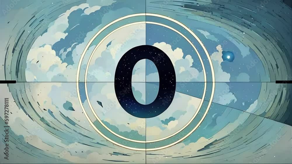 Countdown movie from 5 to 0 number. Old film movie timer count in grey retro style. Vintage video timer, retro cinema animation with AI post effects