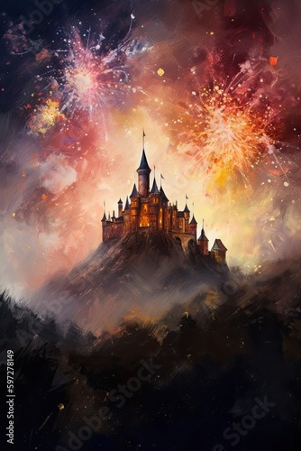 Stunning Fireworks Illuminate a Castle in a Mesmerizing Painting