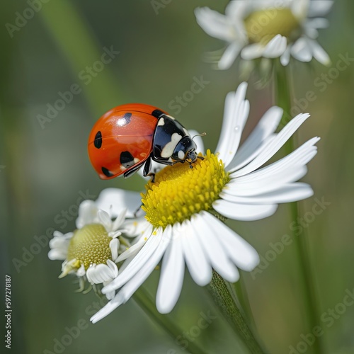 Summer's Small Miracle: Macros of Red Coccinellidae on Chamomile Flower in Garden