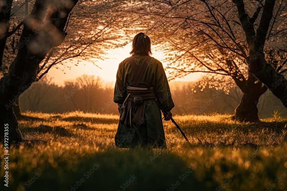 The Epic Peace of a Traditional Samurai: A Lone Warrior in a Field of Marvellously Blowing Wind, Beautiful Sunset, and Hair-Raising Grass: Generative AI - obrazy, fototapety, plakaty 