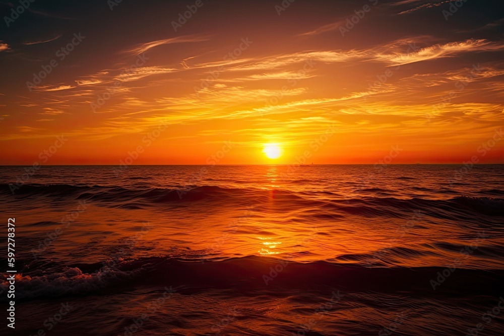 The Glorious End: A Bright Orange Sunset over a Serene Ocean Horizon, Generative AI