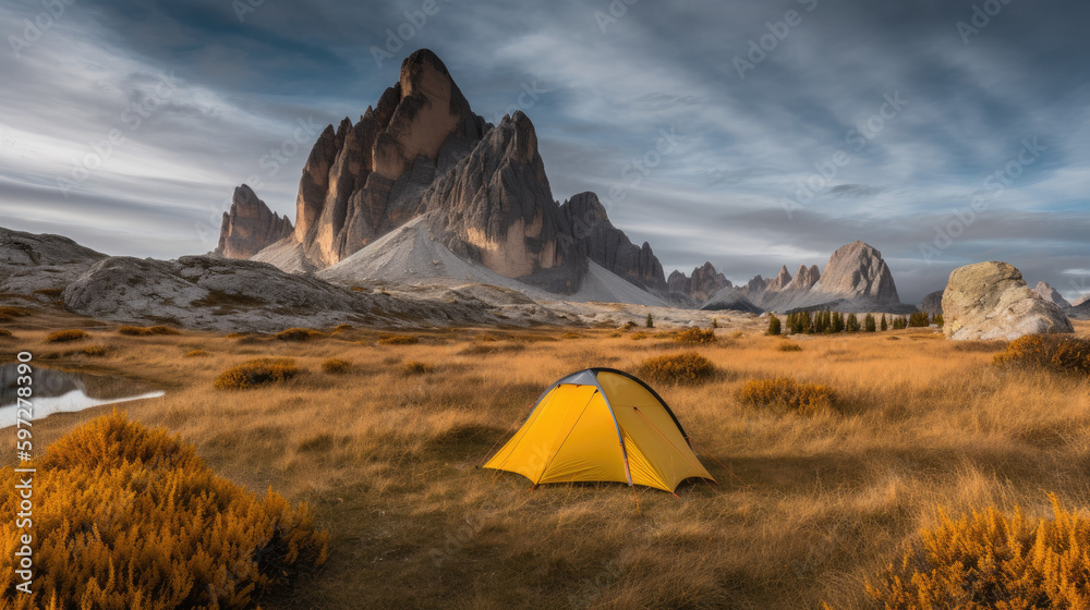 Solitary Camping Tent at the sunrise in Dolomites