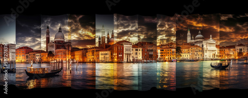 Collage of architecture and landscapes of Venice  Italy. Highlighting the bright colors and lights for a unique and harmonious composition. Generative AI