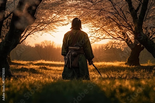 The Epic Peace of a Traditional Samurai: A Lone Warrior in a Field of Marvellously Blowing Wind, Beautiful Sunset, and Hair-Raising Grass