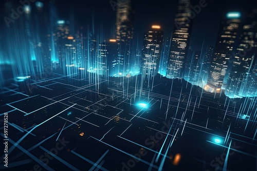 Three-Dimensional Art: Dark Blue Abstract Neon Lights over Business City Landscape, Grainy Gradient & Dynamic Perspective, Copy Space, Generative AI