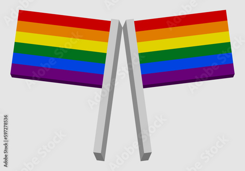
Pair of 3D LGTBI, LGTBIQA+ flags waving on light gray background. pride day
