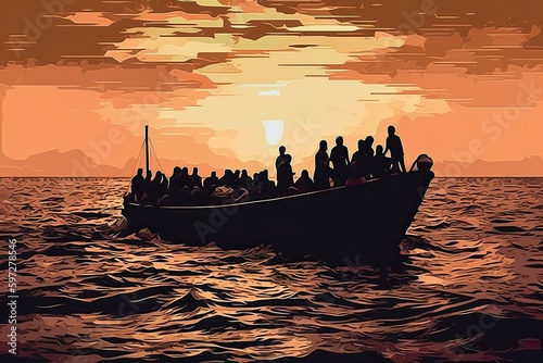 Travellers on a Boat to Europe: A Dramatic Scene of African Migration in the Mediterranean Sea. Generative AI