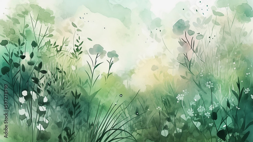 Watercolor print of grass in the morning. Image Generative AI.