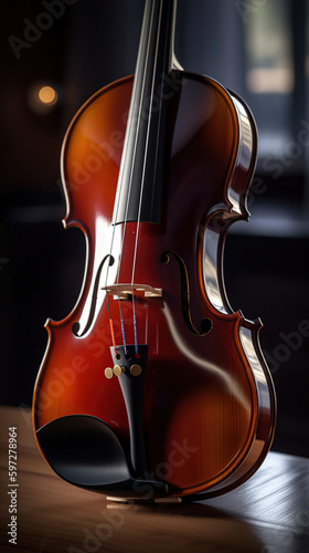 Close up of a violin on glass surface and wooden background, generative ai