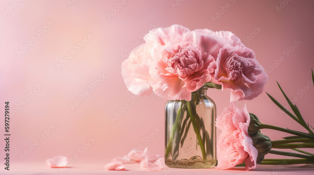 Obraz premium Design concept of Mother's day holiday greeting design with carnation bouquet on pastel pink table background, generative ai