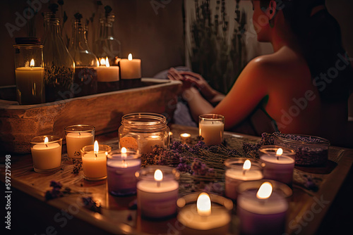 A woman's hands holding a jar filled with essential oils and lavender flowers on a table in the background. Generative Ai