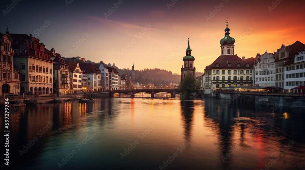 Dramatic scene with river and Jesuit church, Scenic evening panorama view of the Old Town. Wonderful vivid cityscape during sunset, generative ai