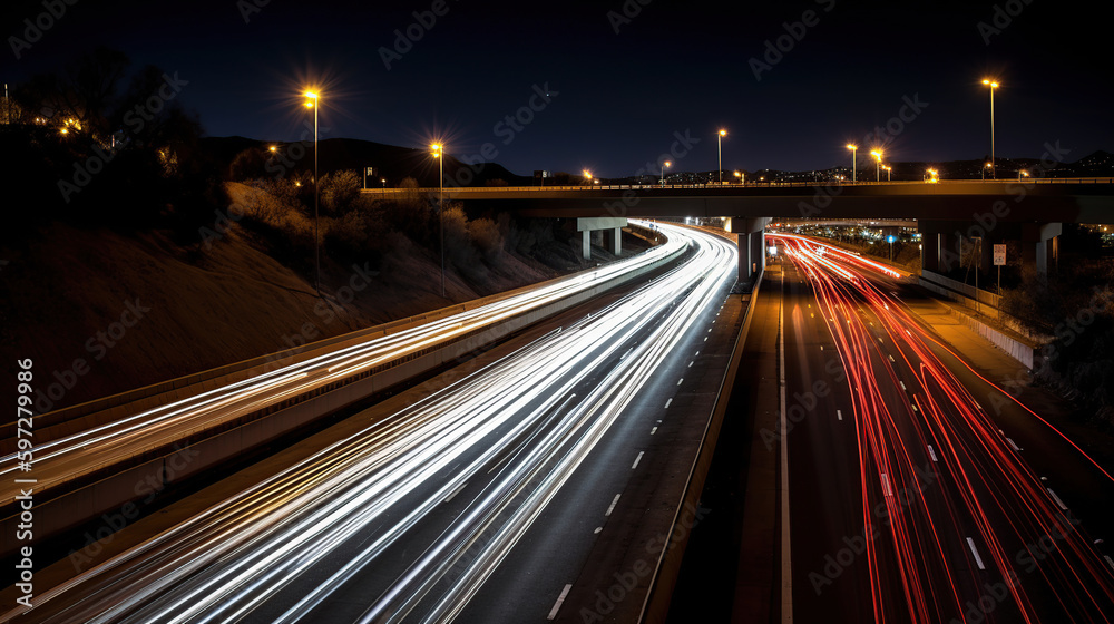 Fly-over with motion blurred headlights, generative ai Fly-over with motion blurred headlights, generative ai