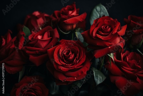A vast area of vibrant red roses is in full bloom. Generative AI