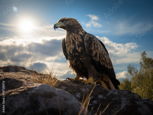 An eagle with golden feathers and blue eyes standing on a rock, the sun behind the clouds in the blue sky / shadow of the eagle on the ground, generative ai