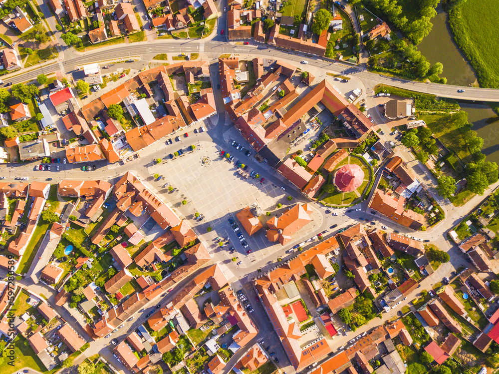 Aerial view of city centre. Old town from top down view. Background concept. Dobrany, Czech republic, European union.