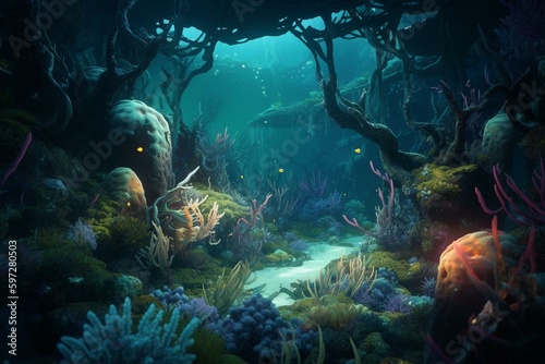 Illustration of the deep-sea world with underwater gorges, tunnels, organisms, and fish. Dark sea with glowing algae, blue neon, and corals. Generative AI