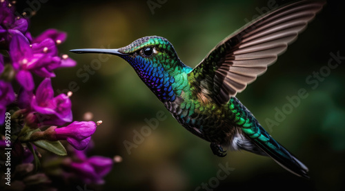 Vibrant green hummingbird delicately showcased in image. © mxi.design