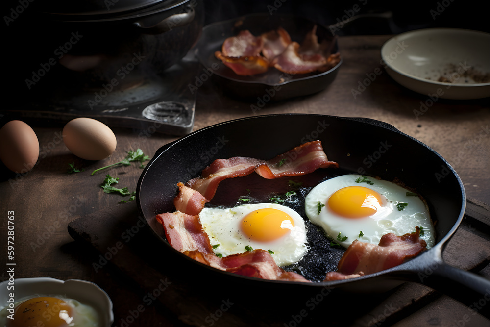 Traditional english breakfast with fried eggs and bacon in cast iron pan on dark wooden background. Top view. AI generated. Traditional english breakfast with fried eggs and bacon in cast iron pan on dark wooden background. Top view. AI generated.