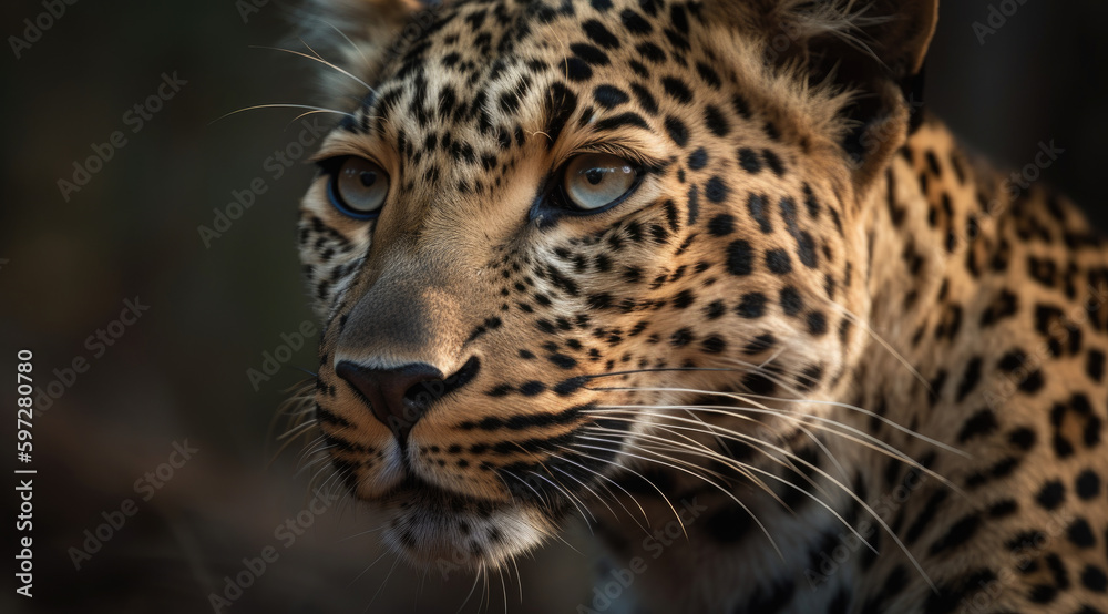 Close-up of leopard's face with shallow depth of field. Close-up of leopard's face with shallow depth of field.