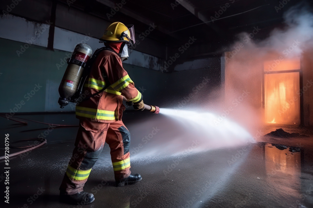 Firefighters, Fireman spraying high pressure water or suitable extinguishing agents to fire. ai generative