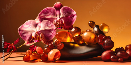 orchids and stones on a pink background